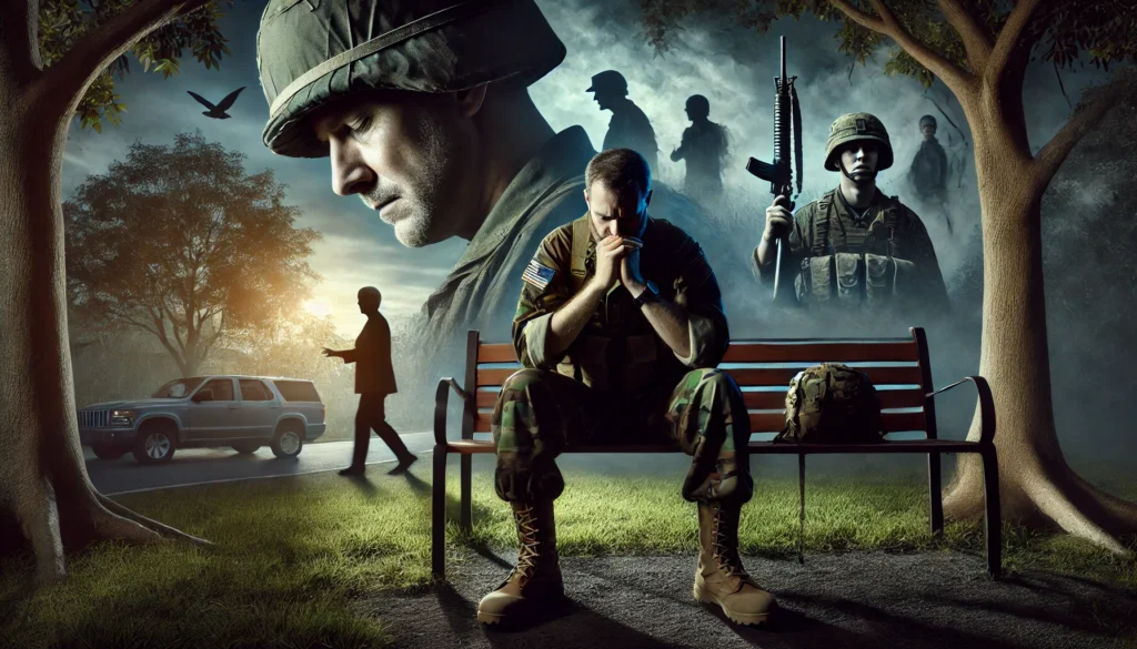 PTSD War Veterans: Highly realistic and dramatic image of a war veteran in military fatigues sitting alone on a bench in a park at dusk, reflecting deep emotional pain and struggle, with shadows of past battlefield experiences blending into the background.