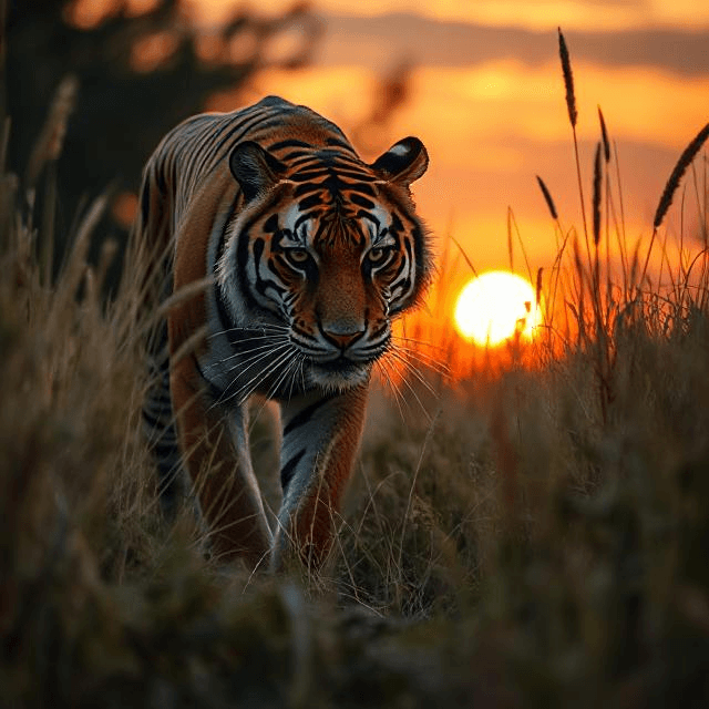 Bengal tiger in tall grass at sunset, highlighting India’s tiger anti-poaching efforts.
