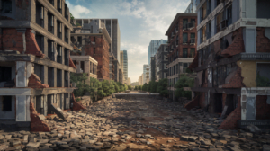 Society Collapse: An ominous image of a crumbling cityscape, illustrating the concept that society is on the verge of collapse.