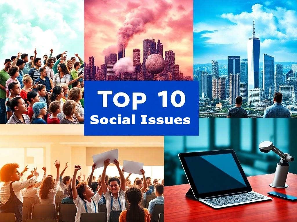 Collage of modern social issues: diverse individuals advocating equality, a city affected by climate change, children in a classroom symbolizing education access, a gender equality protest, and a digital tablet highlighting the digital divide.