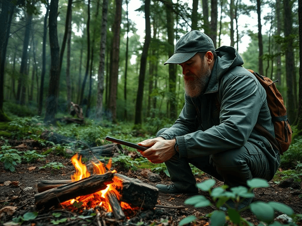 A prepper using flint and steel to create a fire in a wilderness setting