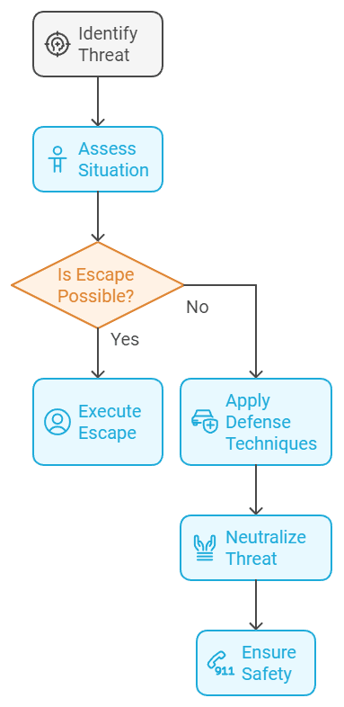 Diagram of Krav Maga defense techniques, emphasizing real-world scenarios