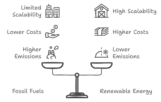 Comparison infographic of fossil fuels vs. renewable energy sources highlighting emissions, costs, and scalability