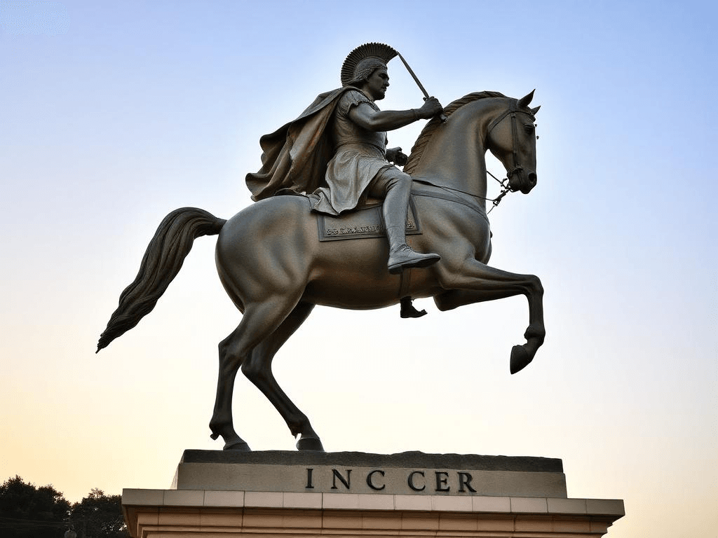 Famous military leaders: Statue of Alexander the Great on horseback, symbolizing his conquests across Asia and Europe.