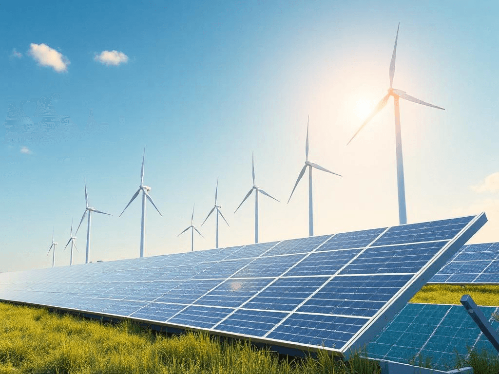 energy gap: Visual of solar panels and wind turbines showcasing renewable energy solutions