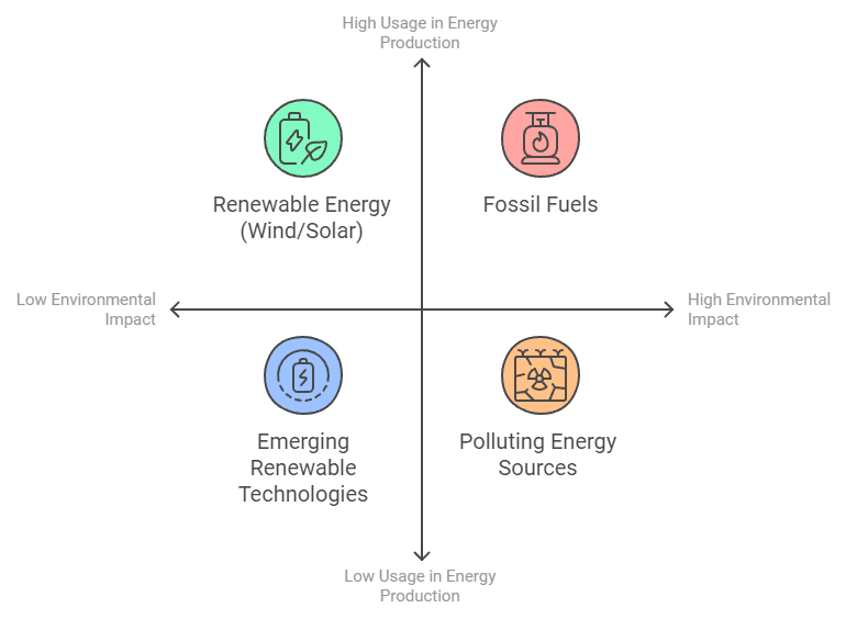 Infographic comparing fossil fuels and renewable energy based on environmental impact