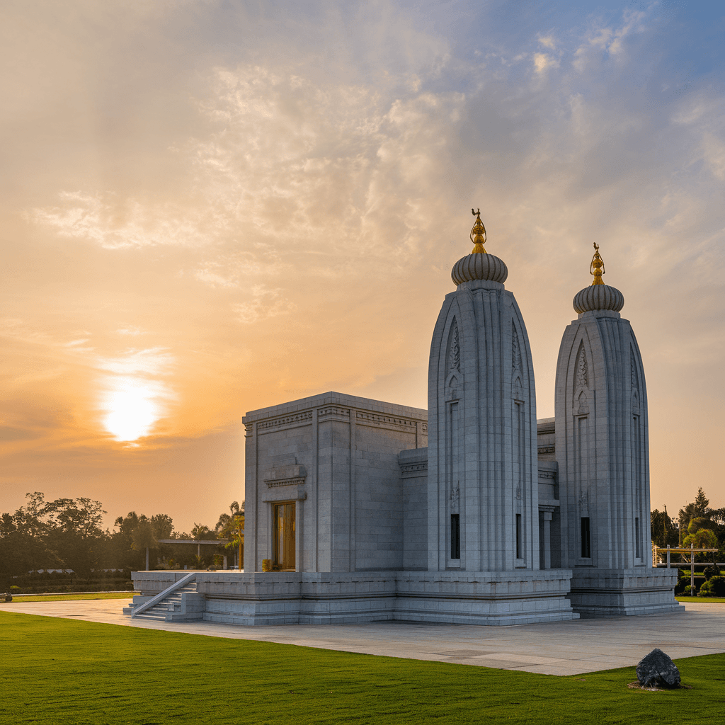 A serene temple at sunset symbolizing the purpose of religion in connecting humanity with the divine.