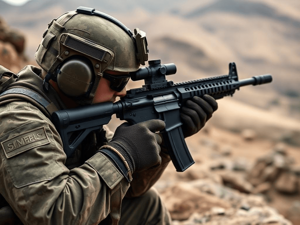 Military marksman aiming with precision during combat operation, showcasing tactical expertise in modern warfare
