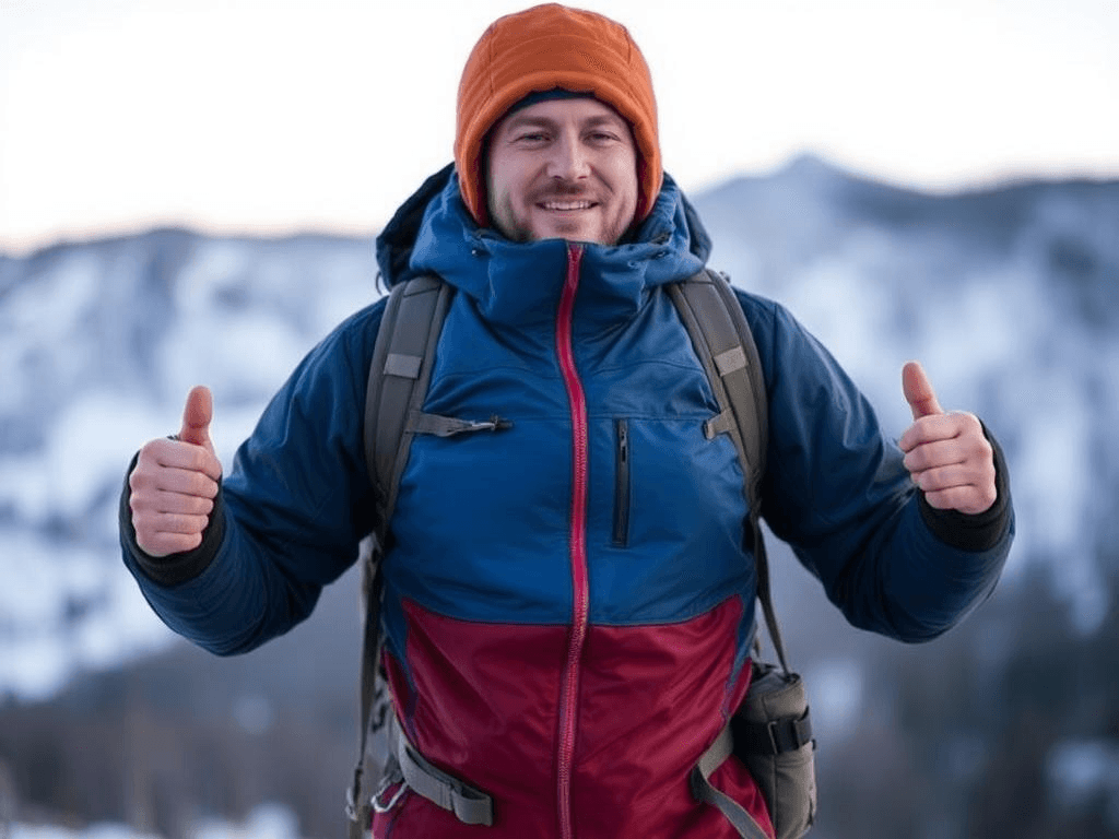 A hiker demonstrating cold weather survival layering with a base, middle, and outer layer