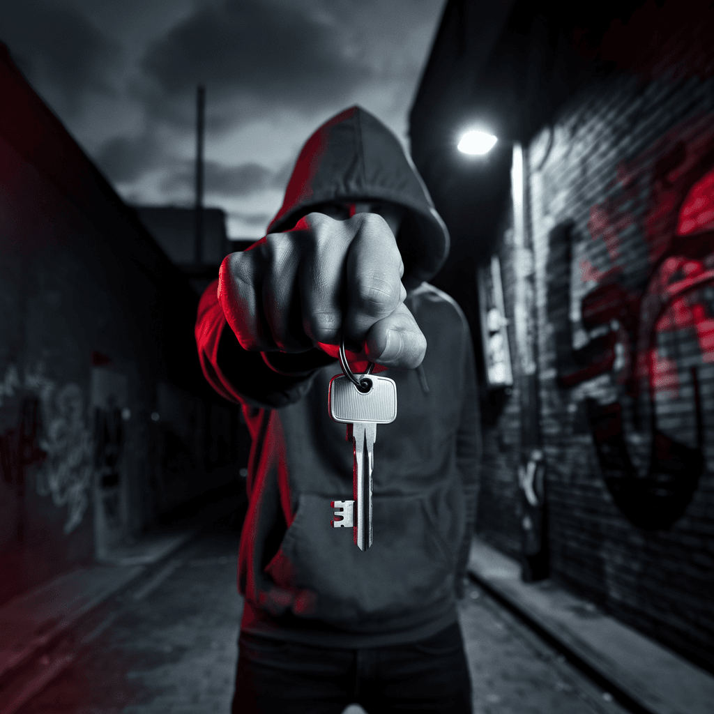 Person in a dark alley gripping keys between fingers for self-defense, poised under a streetlight with looming shadows behind.