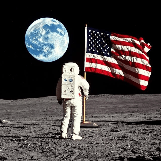 An astronaut standing beside the American flag on the Moon in 1969, with Earth in the background, capturing the iconic yet controversial moment of the Apollo 11 landing.