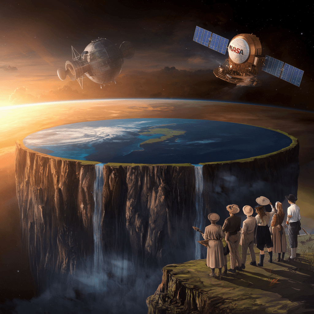 A dramatic illustration of a flat Earth floating in space, with waterfalls spilling over the edge and a group of explorers peering into the abyss, symbolizing the Flat Earth Theory.
