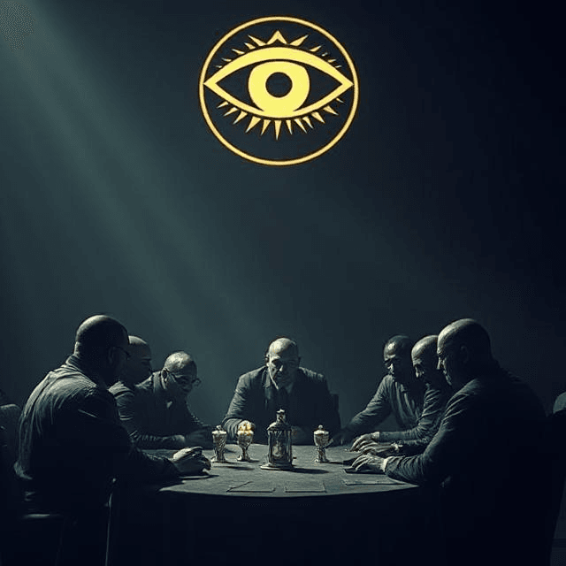A shadowy group of powerful figures gathered around a dimly lit table, with an all-seeing eye symbol glowing above, representing the New World Order conspiracy theory.