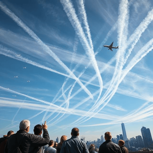 A sky filled with thick white trails from airplanes as concerned onlookers in a cityscape point and debate, representing the chemtrail conspiracy theory.
