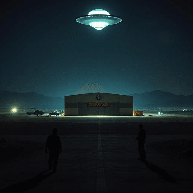 A secretive military base at night with guards patrolling as a glowing UFO hovers above a restricted hangar, symbolizing the Area 51 alien conspiracy theory.