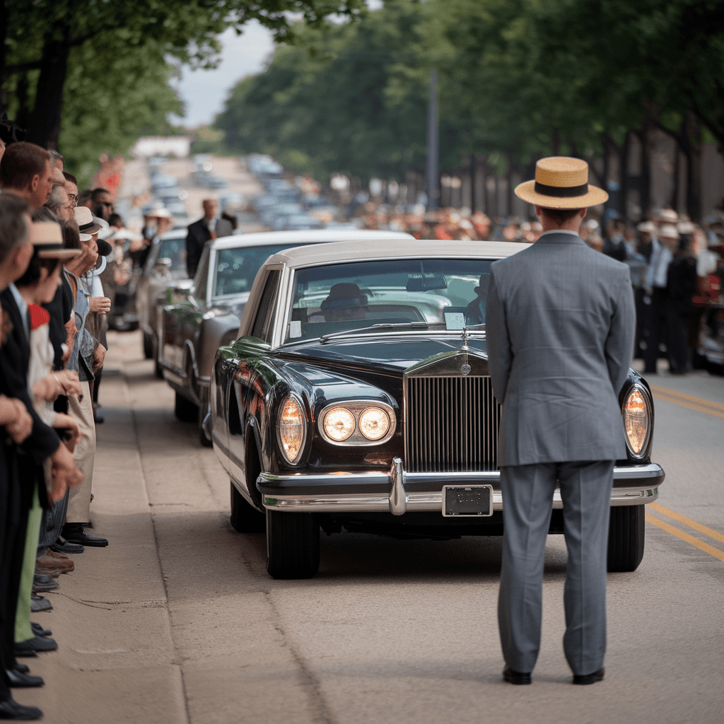 JFK’s motorcade in Dallas, moments before the assassination, with a mysterious figure in the background, symbolizing the conspiracy theories surrounding his death.