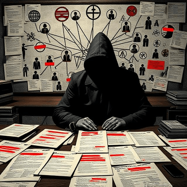 A shadowy figure behind a desk covered in redacted documents, with a conspiracy board in the background linking symbols and figures, representing skepticism toward major historical events.