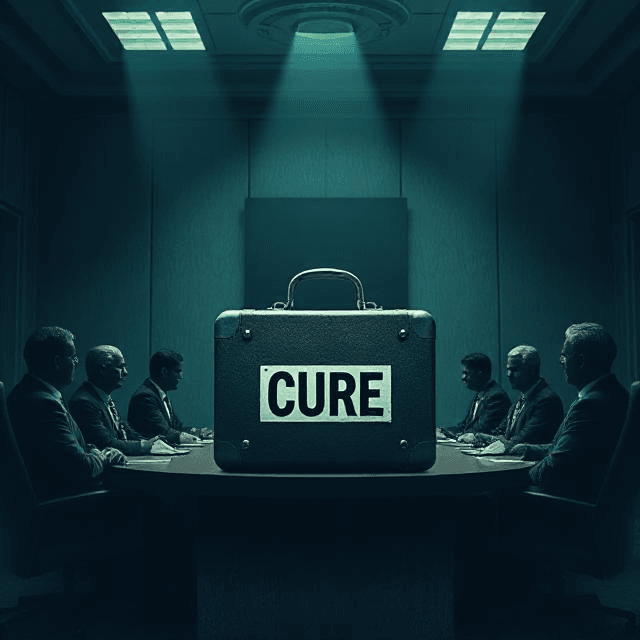 A shadowy boardroom with executives surrounding a locked briefcase labeled 'CURE,' symbolizing conspiracy theories about Big Pharma hiding medical breakthroughs for profit.