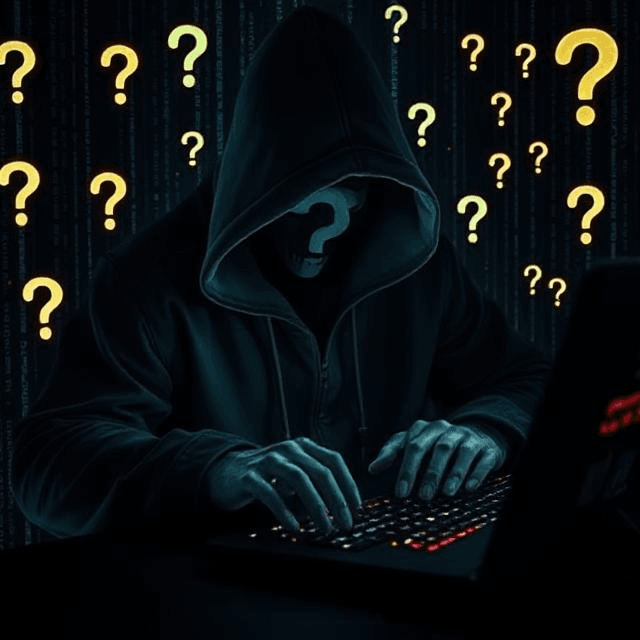 A hooded figure typing on a keyboard in a dark digital space, surrounded by glowing question marks and cryptic symbols, representing the secrecy and influence of QAnon conspiracy theories.