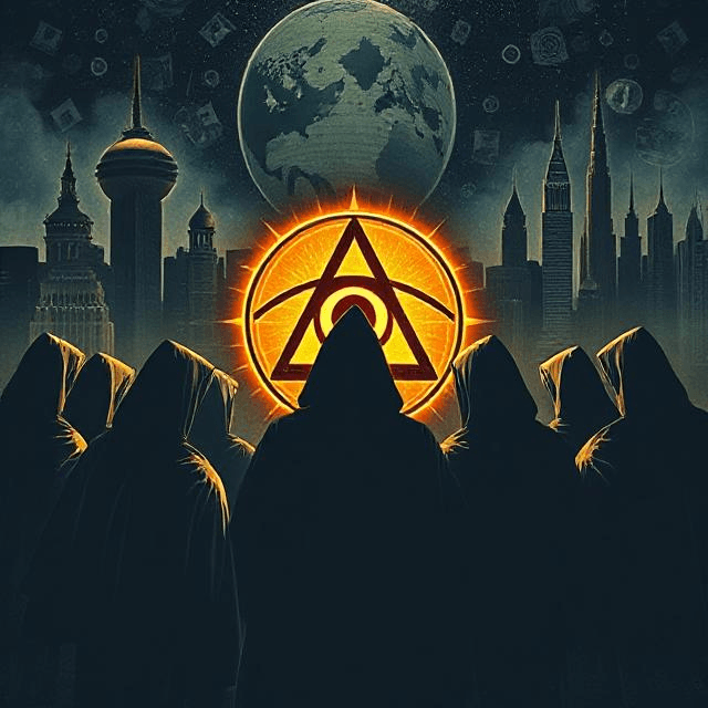 A shadowy meeting of cloaked figures around a glowing all-seeing eye symbol, with global landmarks and dollar bills in the background, representing the Illuminati conspiracy theory.