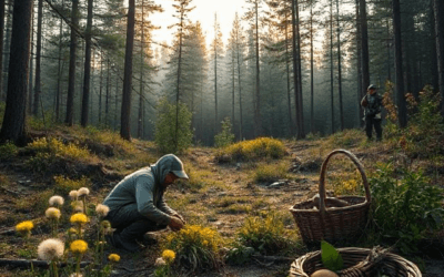Forest clearing with a forager and hunter, showing wild food safety tips, wild game preparation, and avoiding poisonous plants amid foraging safety guidelines.