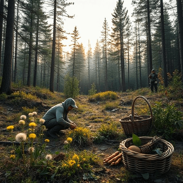 Forest clearing with a forager and hunter, showing wild food safety tips, wild game preparation, and avoiding poisonous plants amid foraging safety guidelines.
