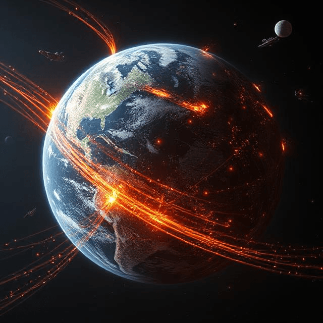 Vibrant globe showcasing geopolitics and global economy with energy pipelines, trade ships, and tech highlights in bold colors.