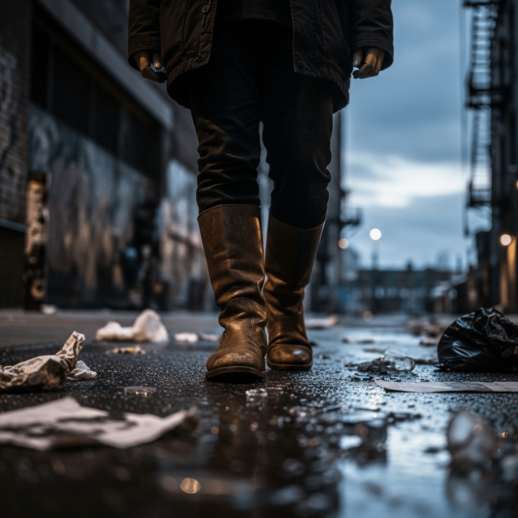 A person in dark clothing evading capture by moving stealthily through a city alley, illustrating a guide on how to evade capture.