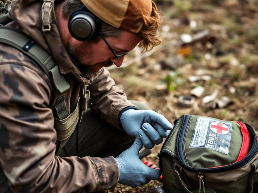 A prepper treating a wound in the wilderness using a first aid kit