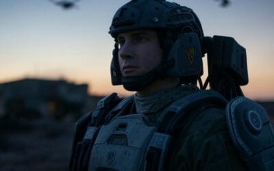 Military technologies shine in a stormy battlefield, featuring a soldier in an exoskeleton, drone swarm, and AI interface in futuristic warfare.