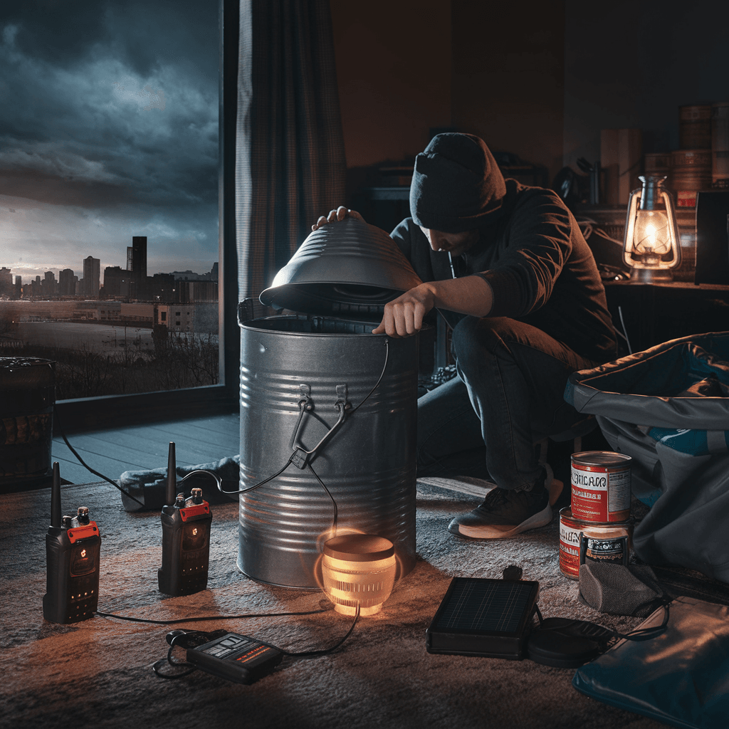 EMP attack survival guide: assembling a Faraday cage with gear in a dark room during a power outage.