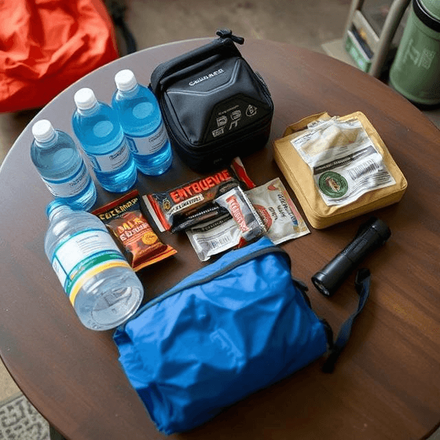 Essential survival strategies from earthquake kit with water, food, and shelter items on display.