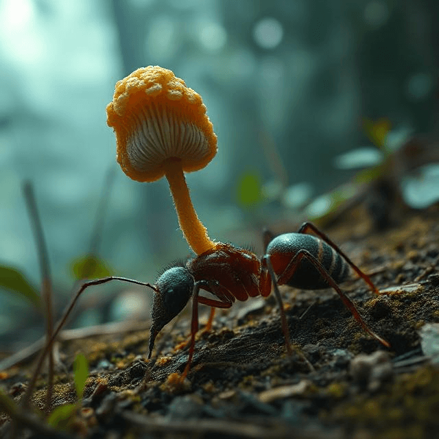 Cordyceps fungus emerging from an ant, highlighting the zombie parasite in a jungle setting.