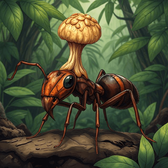 Cordyceps fungus sprouting from an ant in a tropical forest, showcasing the zombie parasite in action.
