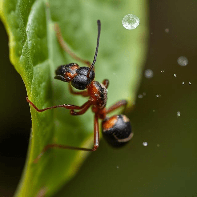 Zombie parasite cordyceps fungus releasing spores from an infected ant on a leaf.