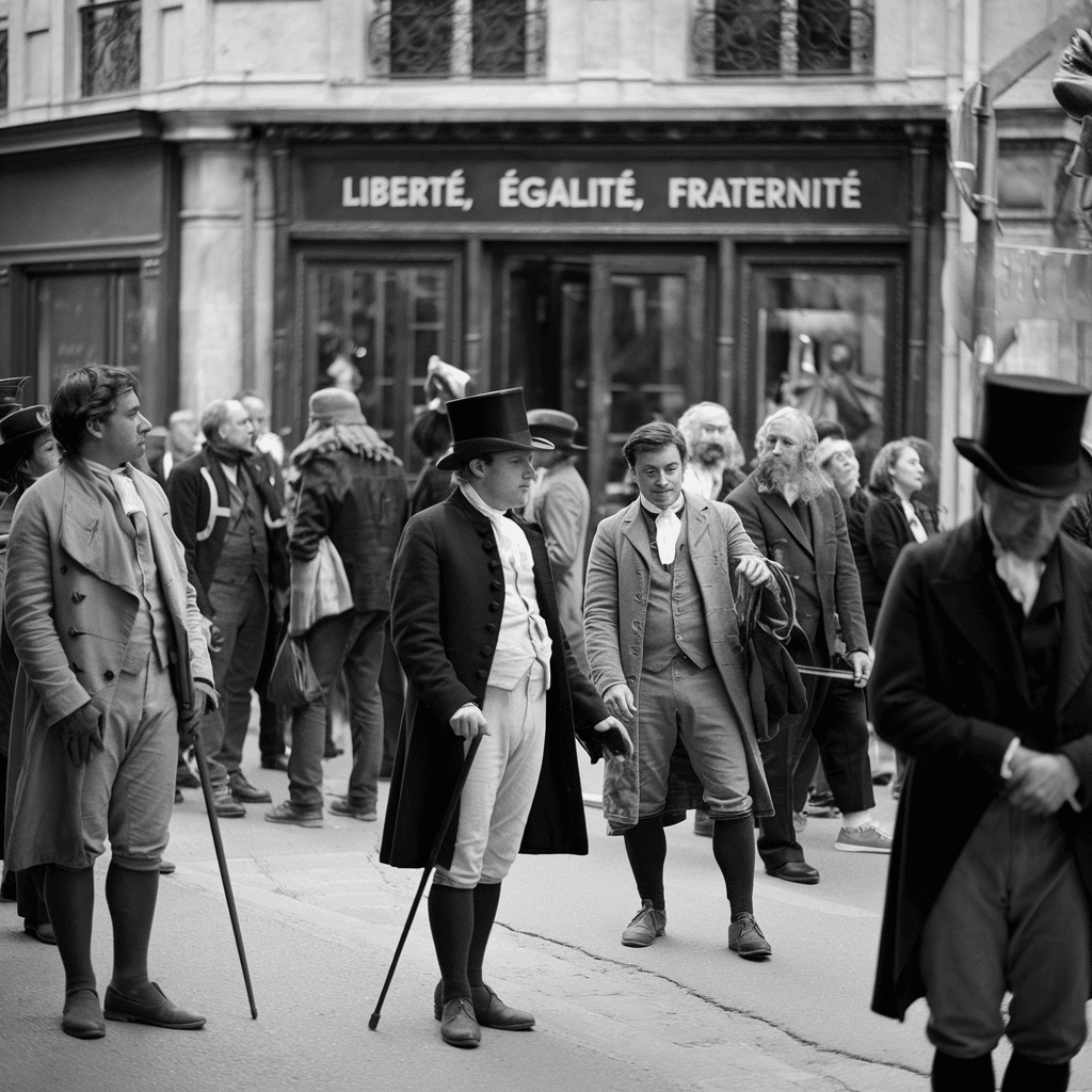 Paris street in 1789 with revolutionaries and thinkers, reflecting French Revolution Enlightenment, Enlightenment impact on revolution, and Revolution and Enlightenment connection.