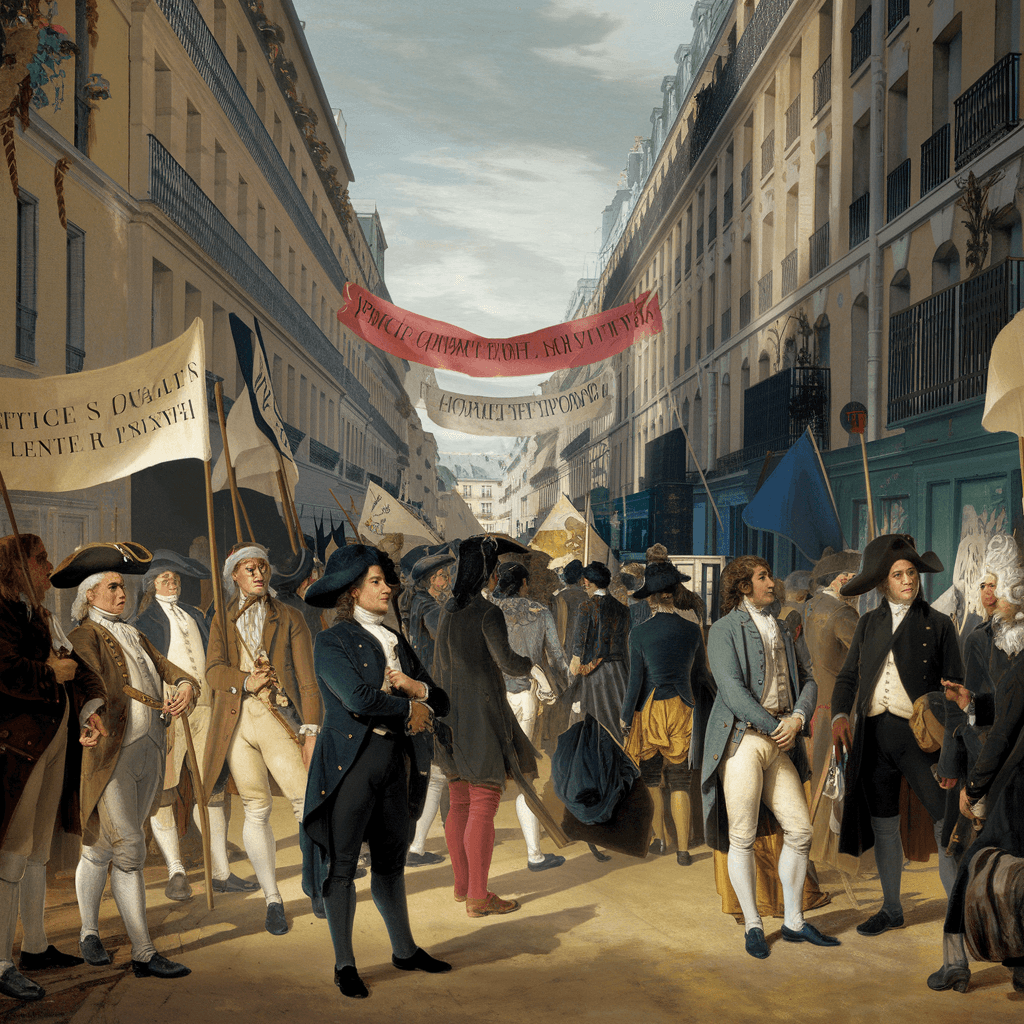Paris street in 1789 with revolutionaries and thinkers, reflecting French Revolution Enlightenment, Enlightenment impact on revolution, and Revolution and Enlightenment connection.