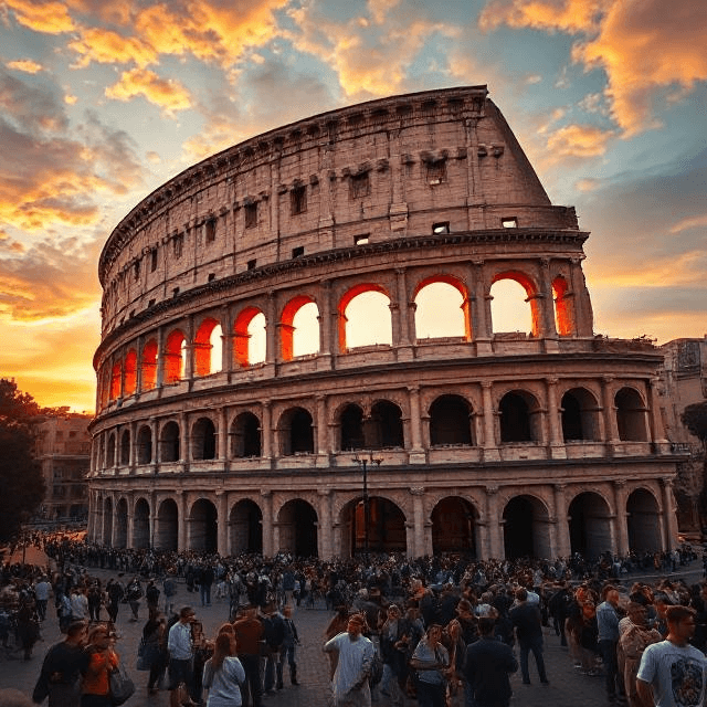 Roman Empire Colosseum glowing at sunset with lively crowd.