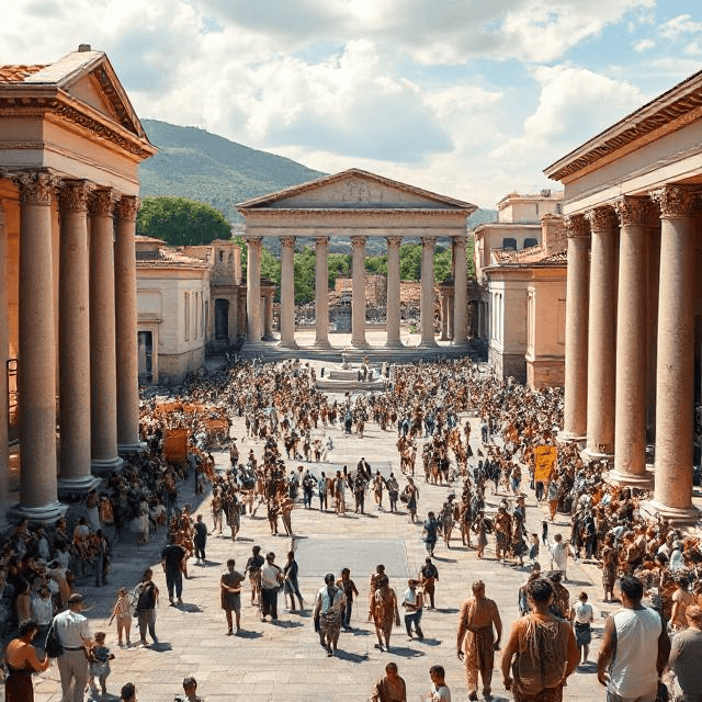 Roman Empire forum alive with citizens and temples.