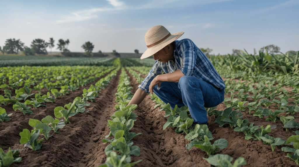 A farmer examining crops in a field, symbolizing the need for sustainable agriculture amidst global fertilizer shortages.