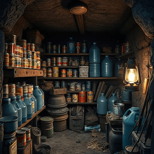 Prepper tips for surviving the apocalypse: a stocked bunker with food and water for any disaster.