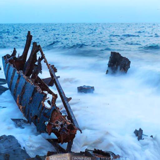 A photograph of a shipwreck on a rocky shore