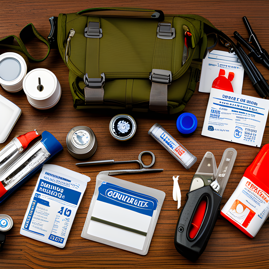 Well-equipped survival kit with essential items like a compass, first aid supplies, water purification tablets, a flashlight, and a fire starter, set in a wilderness environment.