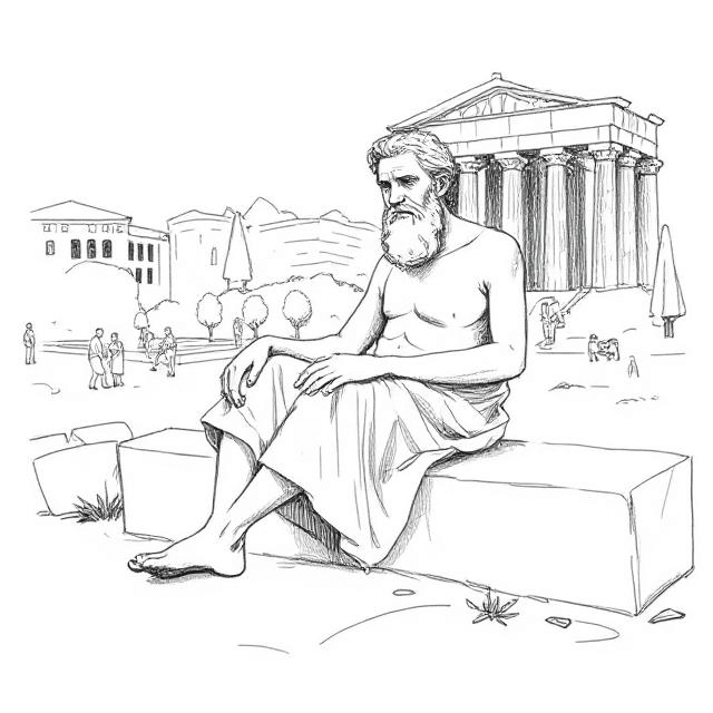 Sketch of Socrates chilling in Athens, barefoot and scruffy
