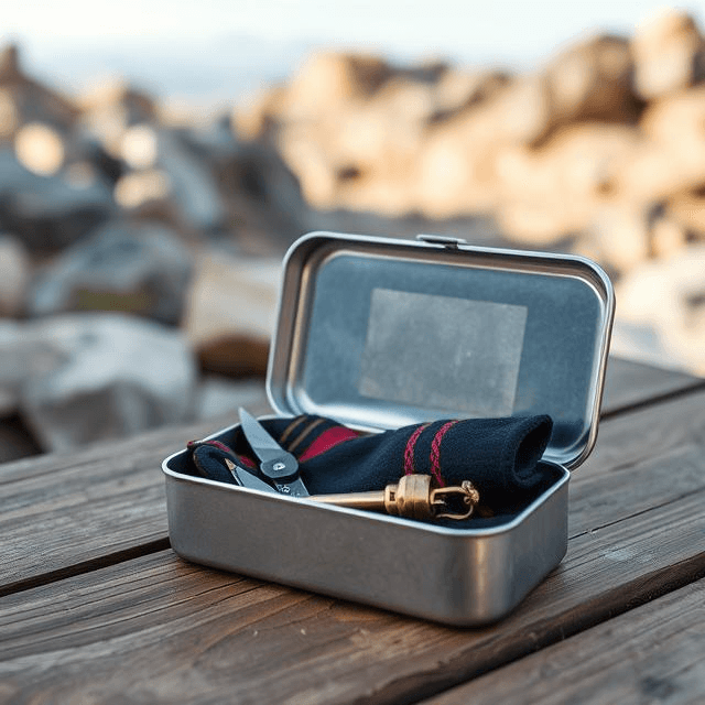 Survival kit minimum in a tin box with wilderness survival tools on a wooden table