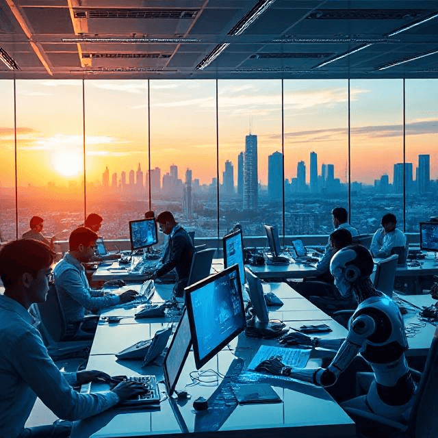 Futuristic office with humans and robots, reflecting AI future of work, workforce AI transformation, and AI-driven industry changes in future work trends AI.