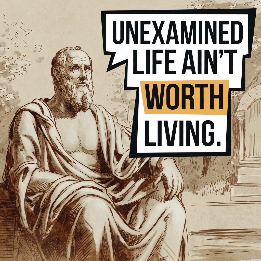 Socrates sketch with a bold quote bubble: “Unexamined life ain’t worth living.”