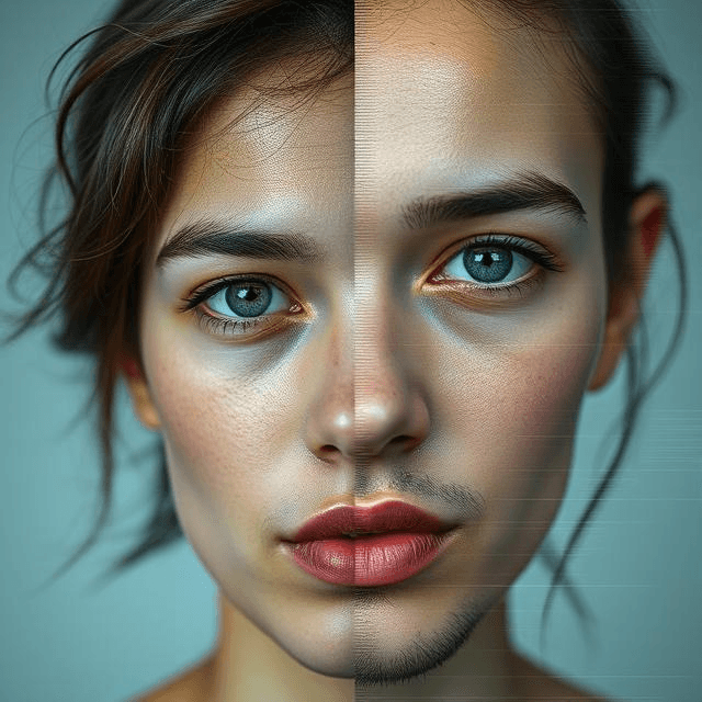Comparison of a real face and a deepfake face swapper creation highlighting digital deception