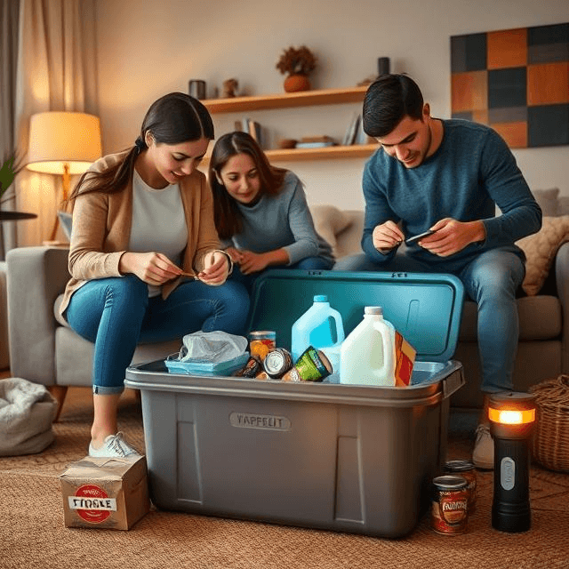 Family preparing a home emergency survival kit with water and food in a cozy living room