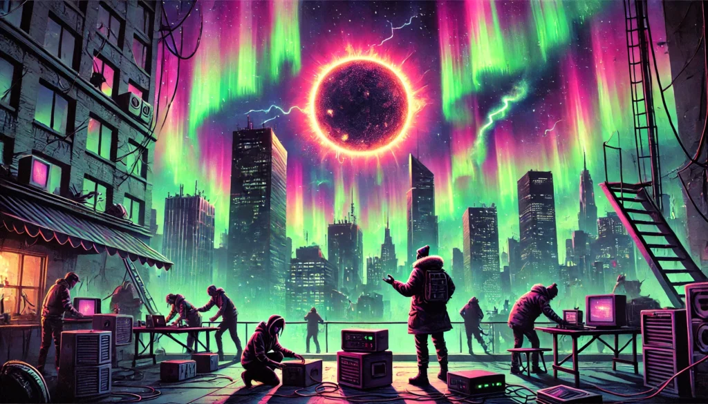 Dramatic scene of a city preparing for a solar storm with vivid auroras in the sky and people securing their homes and stocking up on supplies.